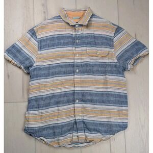 Tommy Bahama 100% Linen Blue Orange Stripes Short Sleeve Shirt Button Up Mens M